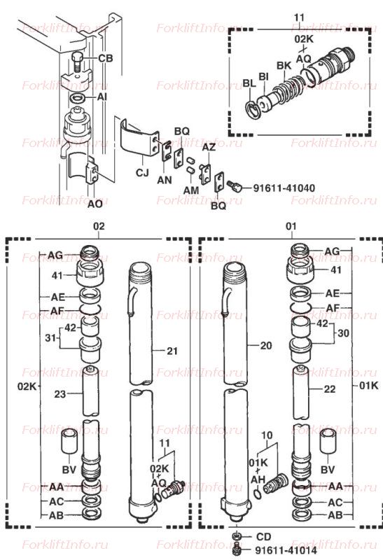 Цилиндры подъема мачт V и SV вилочного погрузчика Toyota 6FG/FD15 (период выпуска 01.94-09.96)