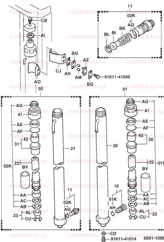 Цилиндры подъема мачт V и SV вилочного погрузчика Toyota 6FG/FD15 (период выпуска 09.96-03.98)