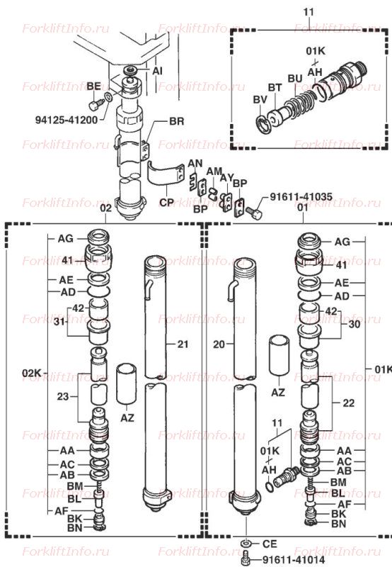 Боковые цилиндры подъема мачты FSV вилочного погрузчика Toyota 6FG/FD15 (период выпуска 01.94-03.99)