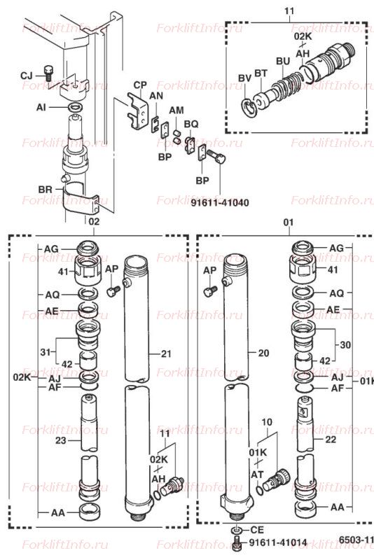 Боковые цилиндры подъема мачтs FV и вилочного погрузчика Toyota 6FG/FD15 (период выпуска 03.98-09.98)